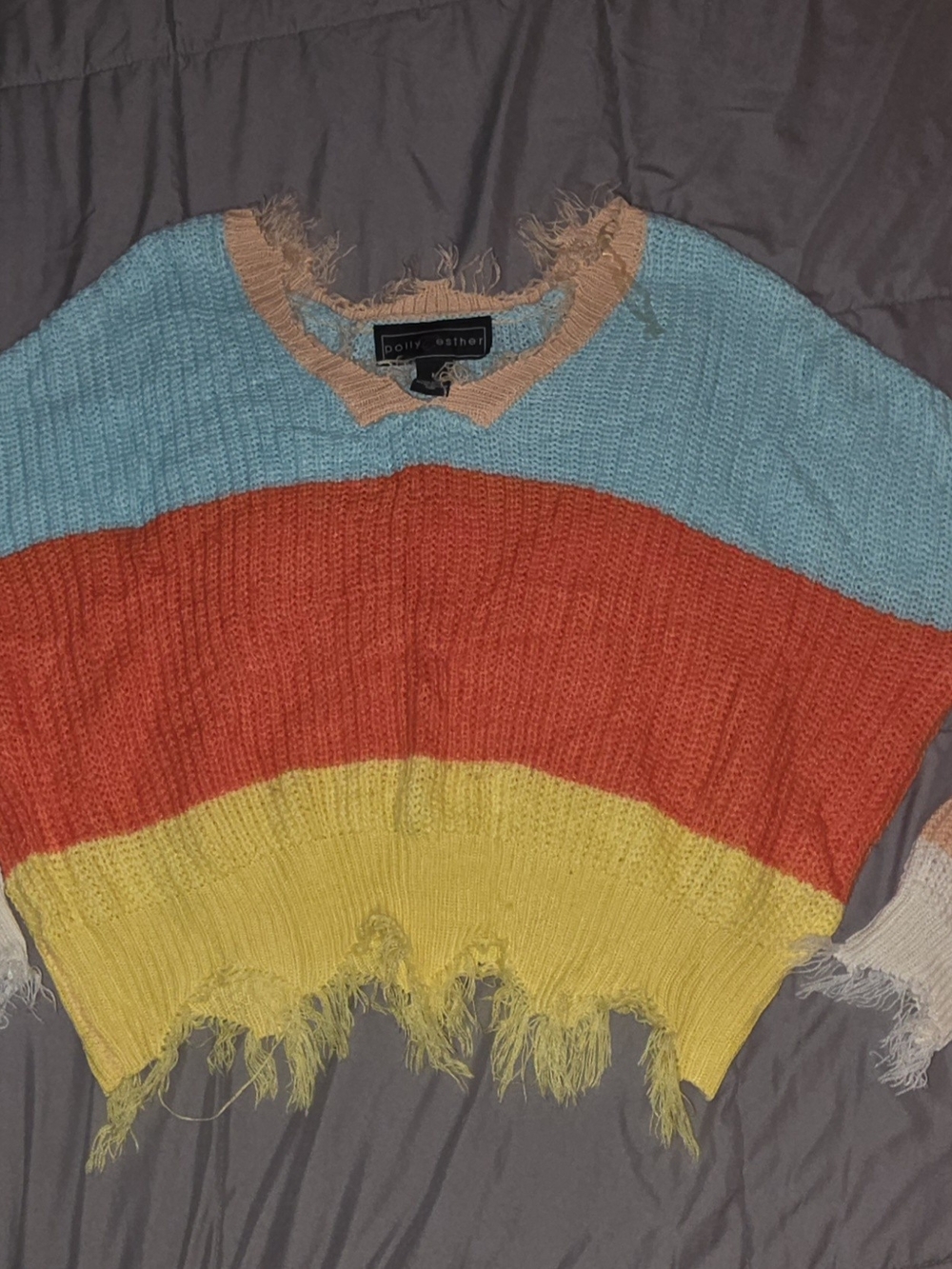 Polly & Esther Striped Distressed Crew Sweater - Blue/Red/Yellow